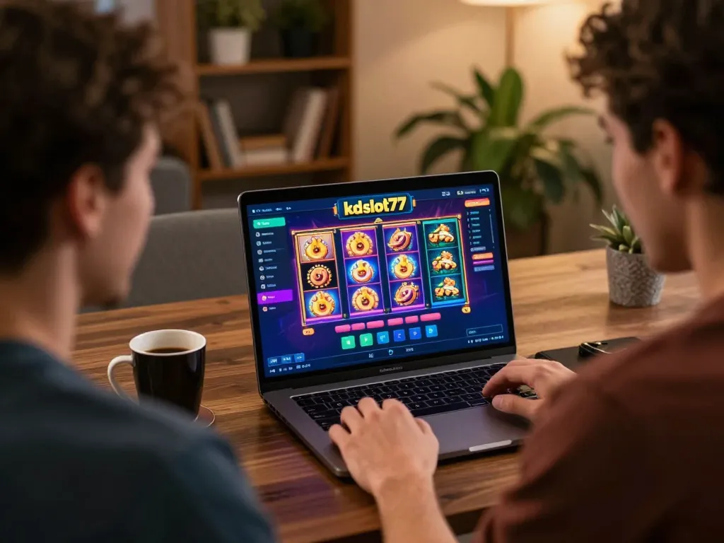 Engaged player exploring kdslot77 online slots on their laptop in a cozy home setting