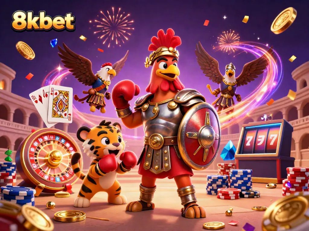 Experience the vibrant excitement of 8xbet with a dynamic casino scene featuring a gladiator rooster and sparkling elements.