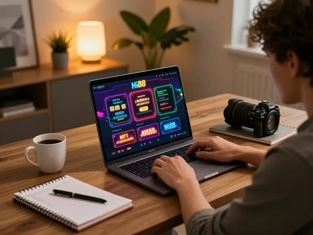Engaging player immersed in Hi88 online gambling experience at home, showcasing strategic casino gameplay.
