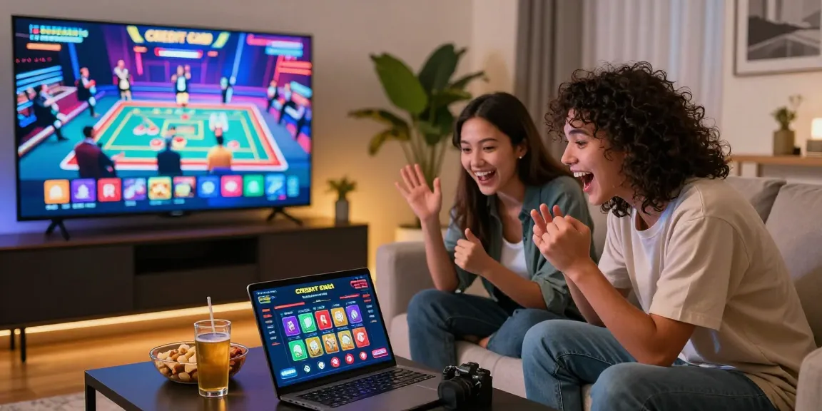 Enjoying a vibrant gaming session at a credit card casino in a stylish living room, showcasing excitement and ambiance.