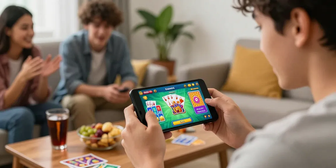 Engaged user playing a real money game on Card Rummy app in a lively living room setting.