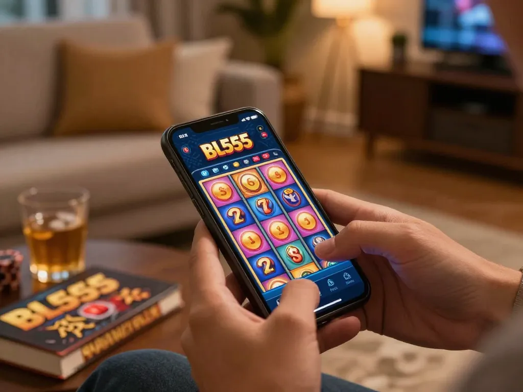 Engaging Bl555 mobile gaming experience with spinning slots displayed on smartphone