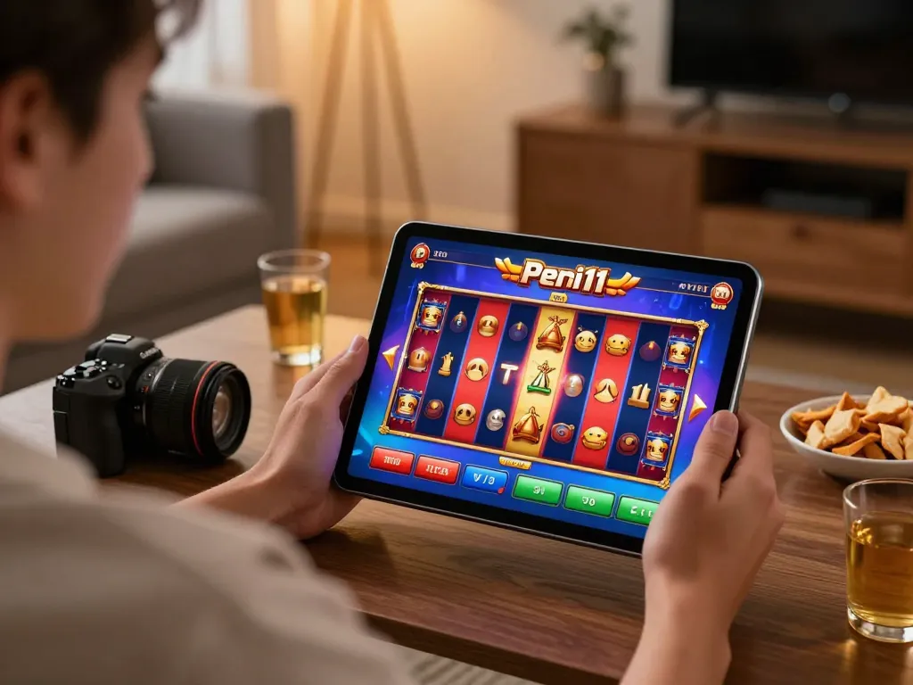 Player engaging with peri11 game app on tablet, showcasing immersive online gambling action in a cozy home.