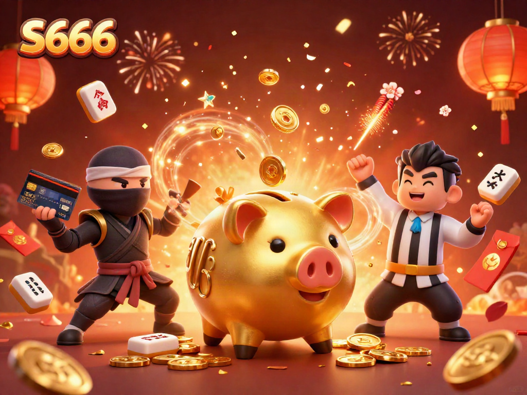 S666 casino action scene featuring a golden piggy bank sumo wrestler, wallet-ninja, and credit-card samurai.