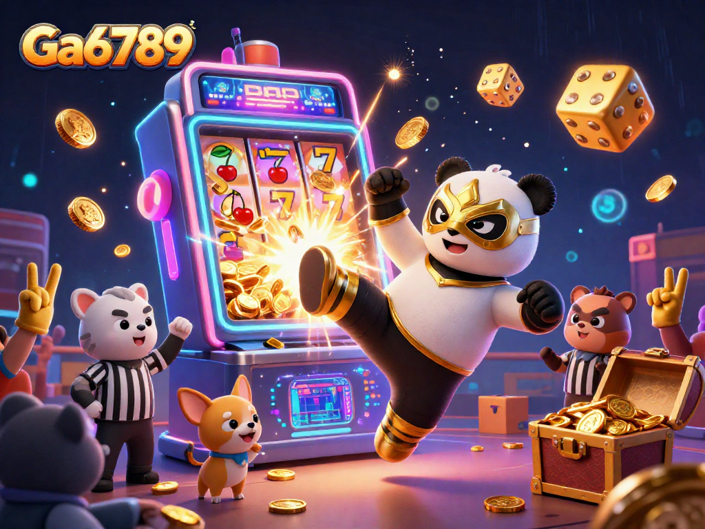 Engage in thrilling gameplay with Ga6789's 3D panda wrestler amid slot machines and casino excitement.
