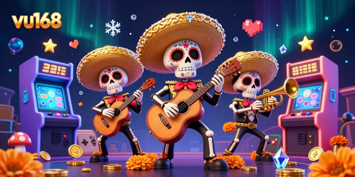 Experience the excitement of vu168 with a vibrant 3D mariachi band surrounded by dazzling casino elements.