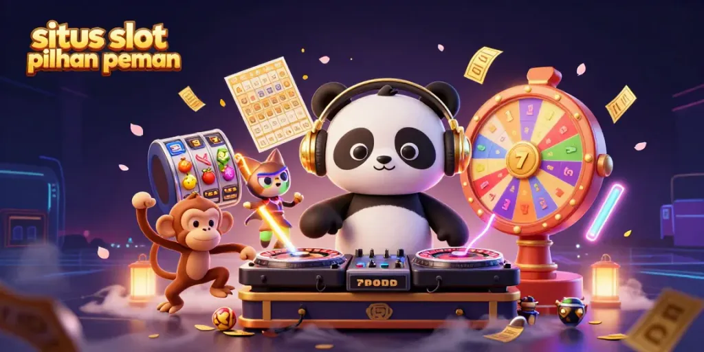 Ilustrasi 3D situs slot pilihan pemain dengan karakter panda DJ dan elemen slot yang dinamis.