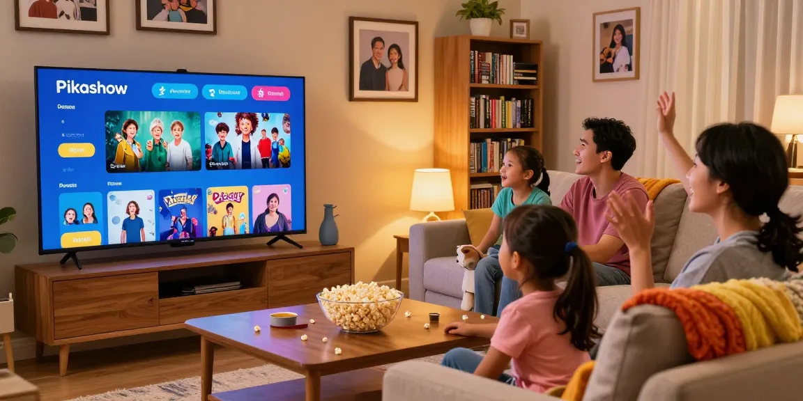 Pikashow app in use during family movie night on a cozy couch.
