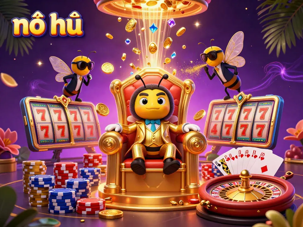 Experience nổ hũ excitement with digital slots and vibrant casino elements in this dynamic illustration.