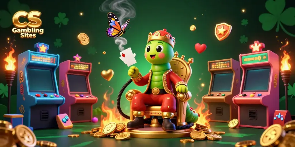 Engage in exciting CS Gambling Sites as a sultan character presides over a vibrant casino scene filled with games and golden coins.