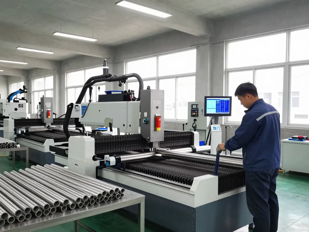 Technician in safety gear operating sumwin stainless steel cutting machine in modern facility.