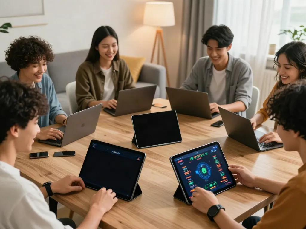 Players enjoying the AHHA4D online gambling platform on devices in a cozy setting