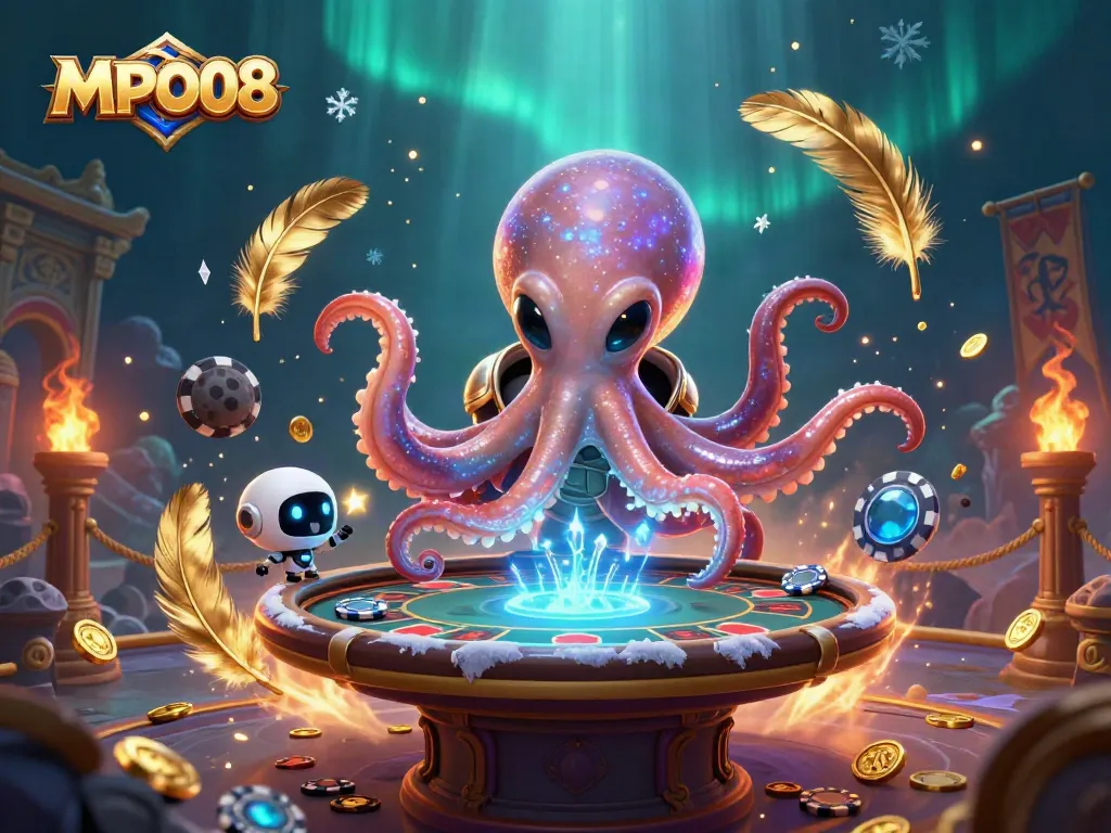 MPO08 showcases an alien octopus engaging at a holographic poker table in a vibrant casino scene.