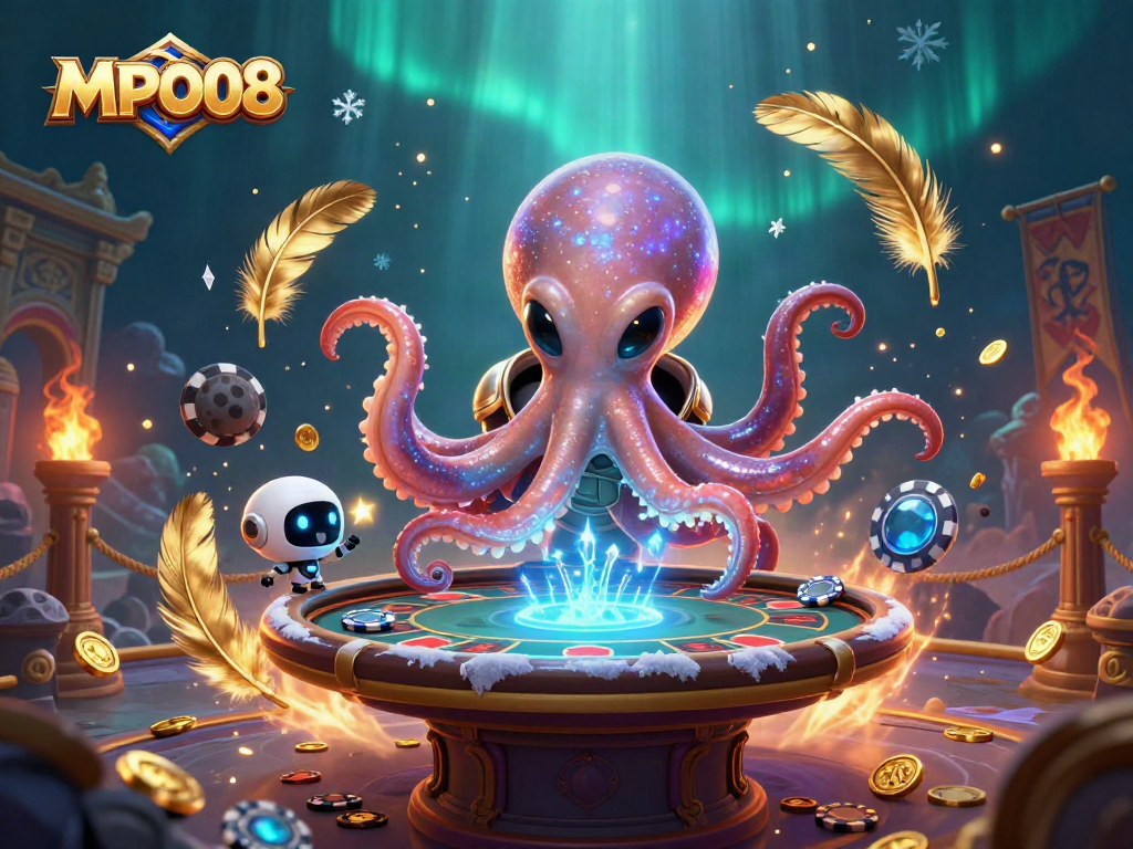 MPO08 showcases an alien octopus engaging at a holographic poker table in a vibrant casino scene.