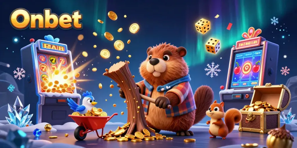 Experience Onbet's exciting casino adventure with a lively beaver and friends collecting coins.