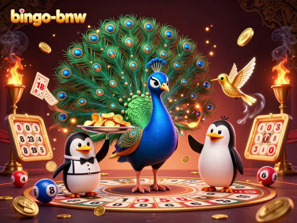 Bingo-bnw showcases an ultra-detailed scene with a peacock, a butler penguin, and a hummingbird amidst vibrant bingo elements.