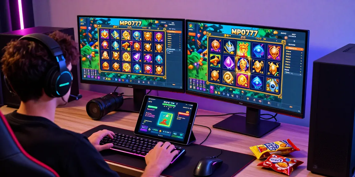 Engaged gamer playing MPO777 online slots with vibrant interface and gaming setup.