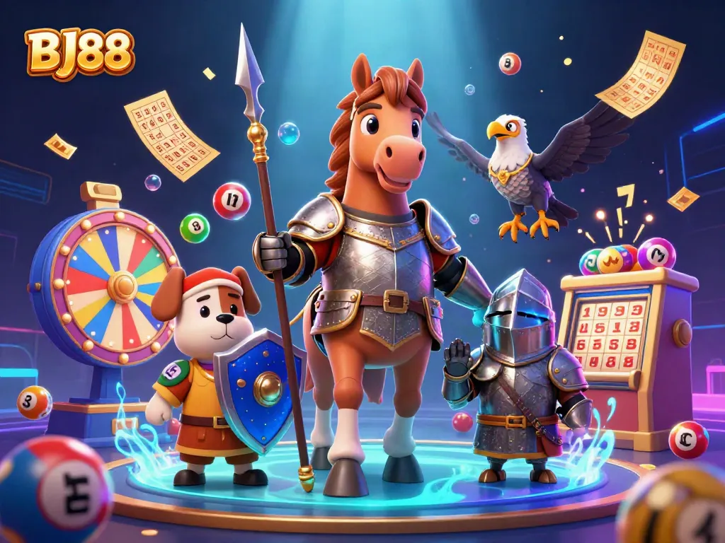 Bettors enjoy action at BJ88 Casino with colorful lottery balls, spinning prize wheels, and dynamic games.