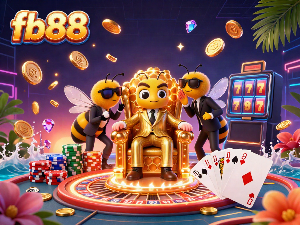 Win big with fb88 in this vibrant casino scene featuring a bumblebee mob boss and dazzling gaming elements.