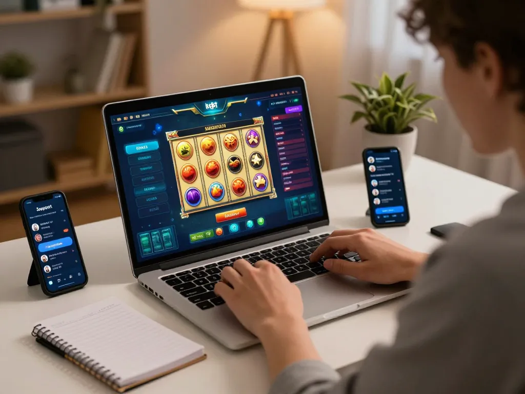 Engage with kdslot game on laptop, player in home setup, showcases dynamic online gambling atmosphere.