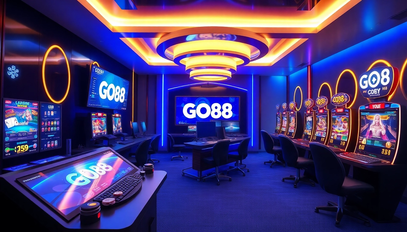 Experience the excitement of GO88 online gaming with immersive visuals of high-tech devices and vibrant game interfaces.
