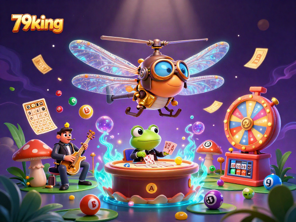 Engage with 79king: Vibrant casino illustration with a dragonfly pilot, frog croupier, and jazz musicians.