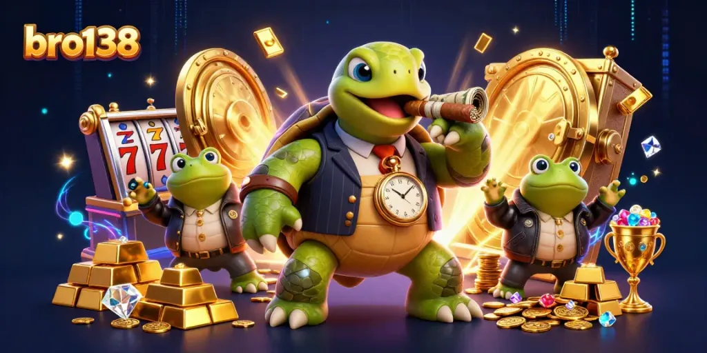 Experience the thrill with bro138 — a vibrant 3D casino scene featuring slot reels and a snapping turtle mobster.