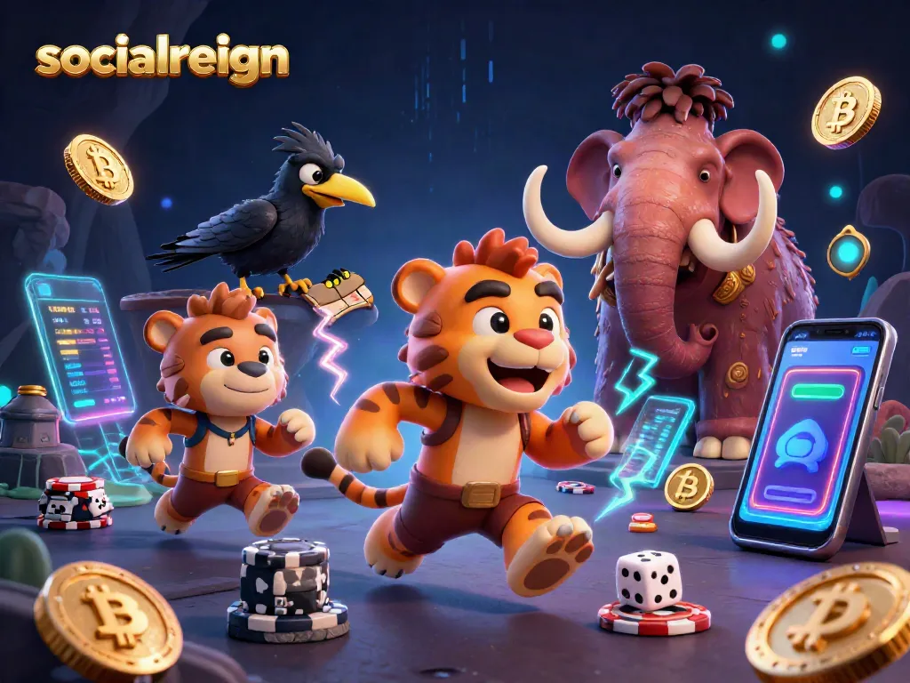 Bet on socialreign with the lively caveman duo and vibrant casino atmosphere illustrated in 3D.