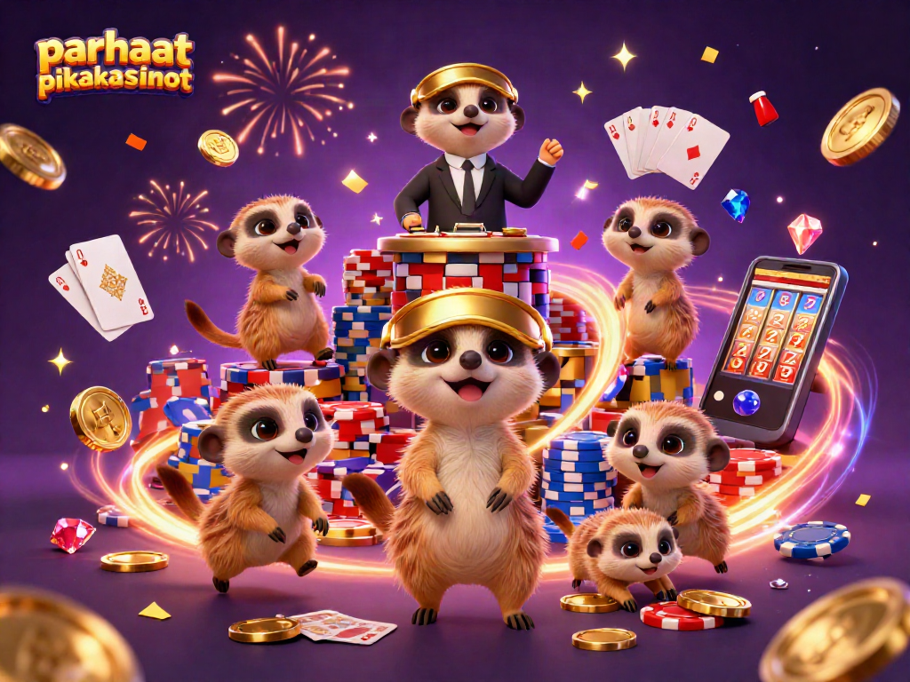 Engaging meerkats operate a vibrant casino; parhaat pikakasinot depicted with excitement.