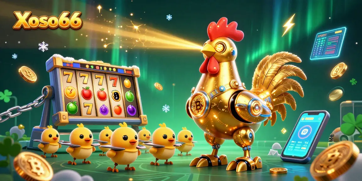 Xoso66 features a vibrant 3D casino scene with a golden rooster robot and spinning slot reels.