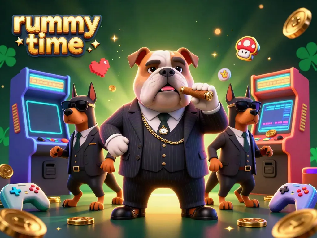 Join the rummy time action with a stylish bulldog and bodyguards in a vibrant casino setting.