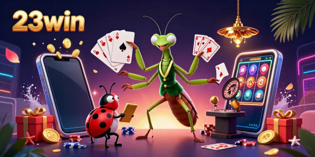Experience exciting casino action with 23win featuring a vibrant 3D illustration of a card sharp and a pit boss.