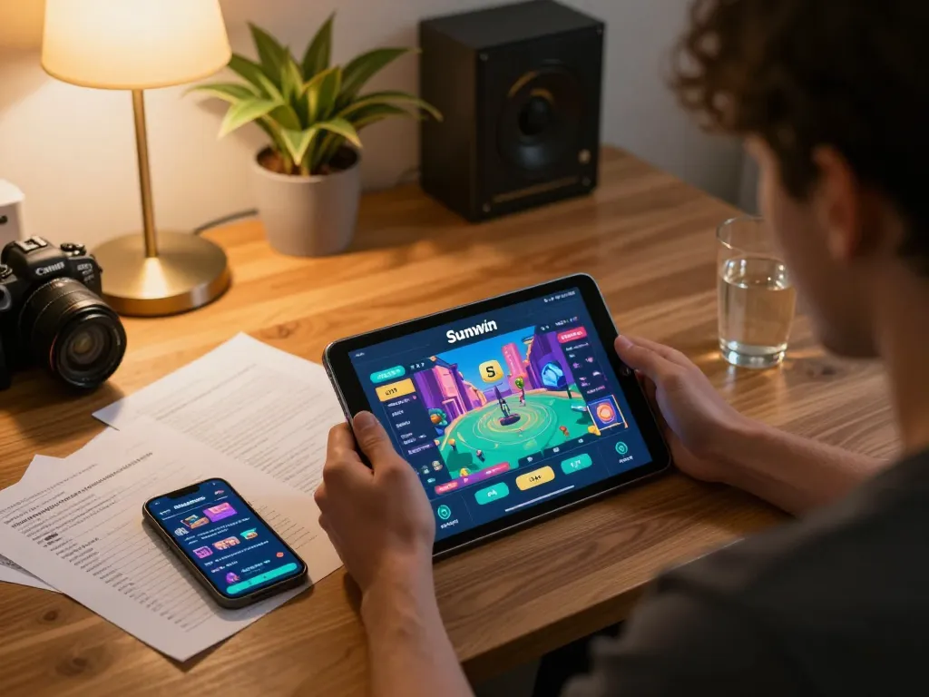 Player analyzing strategies on Sunwin app while enjoying a cozy home gaming atmosphere.