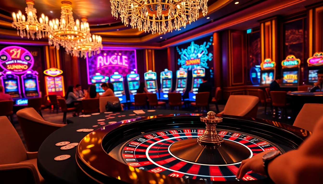 SUNWIN casino scene featuring vibrant roulette wheel and engaged players at poker table.