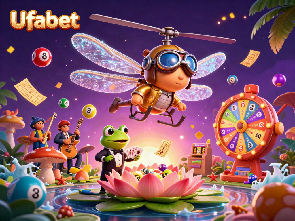 Experience Ufabet's vibrant casino scene with a dragonfly pilot, frog dealer, and dynamic gaming elements.