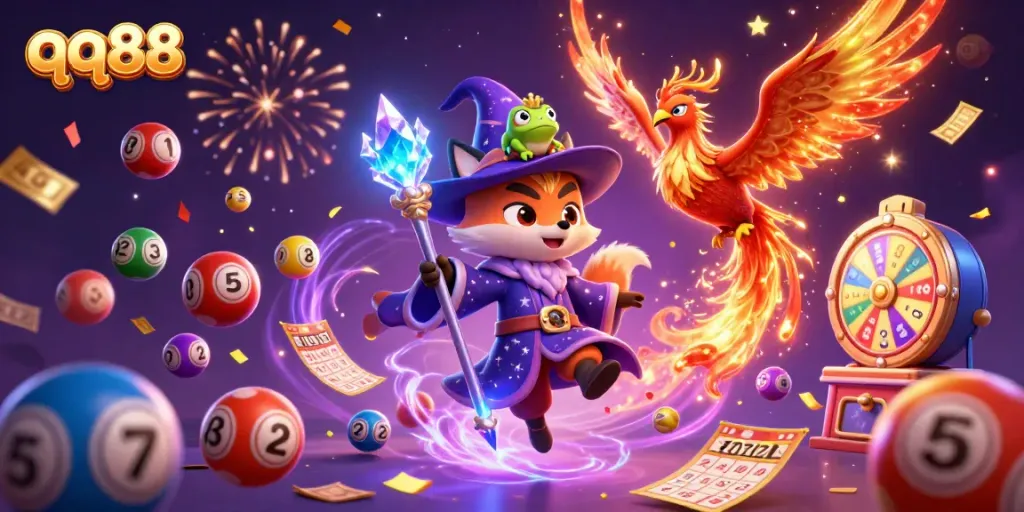 Engage in exciting gameplay with qq88, featuring a magical wizard fox and vibrant lottery elements.