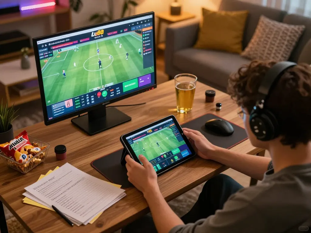 Enjoying Lu88 online sports betting at home, demonstrating a relaxed and strategic gaming approach
