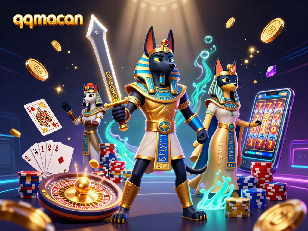 Experience the thrill of qqmacan with dynamic action of cascading coins and spinning roulette.