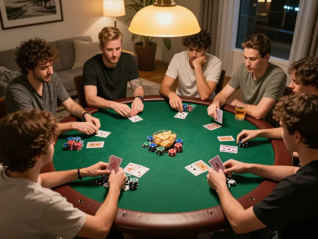 Players engaging in an exciting home poker game at BK33 with visible cards and chips