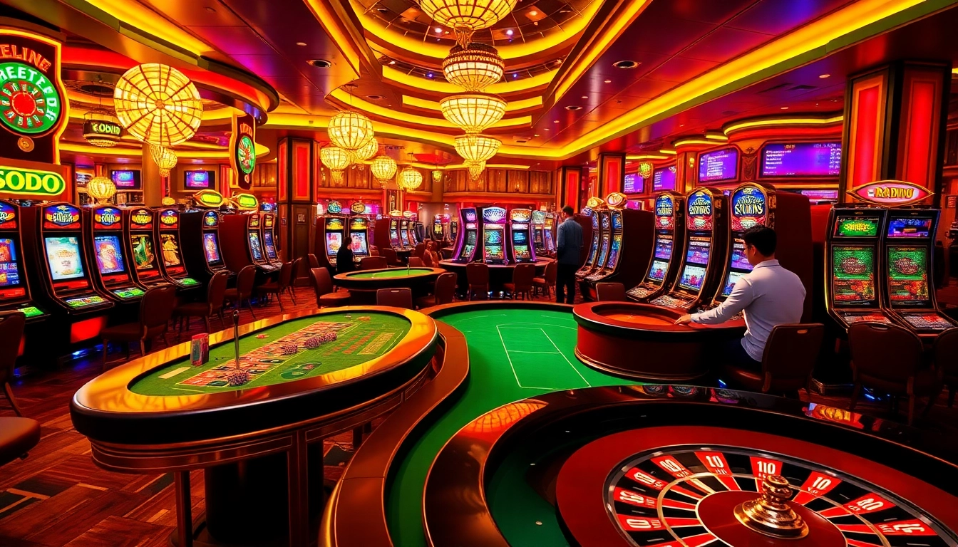 SODO CASINO gaming scene featuring poker tables, slot machines, and roulette, showcasing excitement.