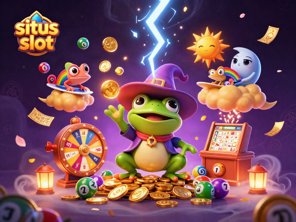 Visual memainkan slot online di situs slot dengan penyihir katak dan chameleon berwarna-warni.