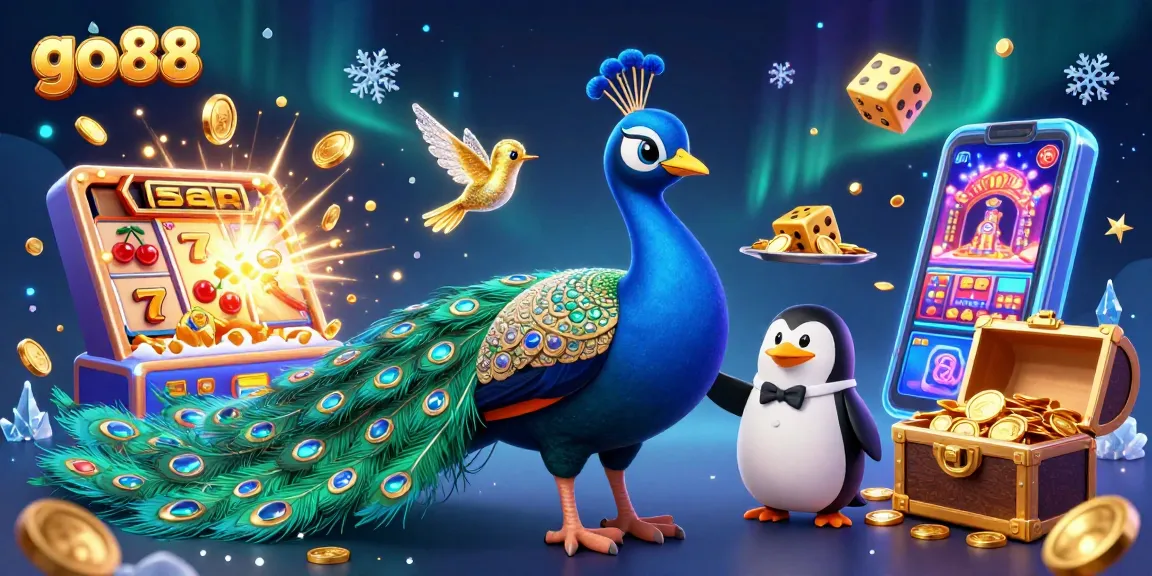 Experience the excitement of go88 with a vibrant scene featuring a peacock, penguin, and hummingbird amidst dynamic casino elements.