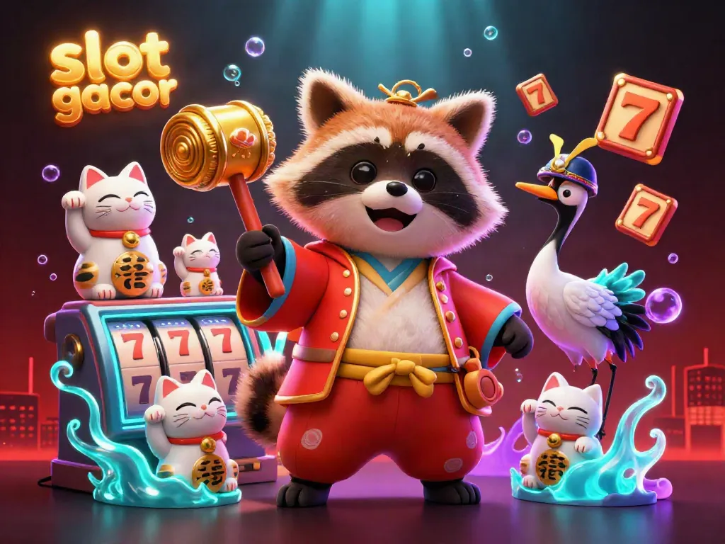 Experience the excitement of slot gacor with a cheerful tanuki, crane, and fortune cats surrounded by dynamic slot elements.