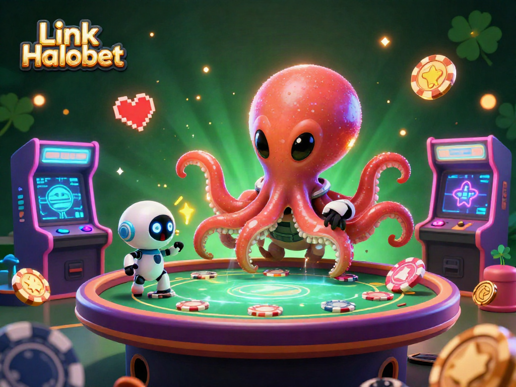 Experience the thrill of gaming with Link Halobet in this vibrant alien casino scene featuring colorful arcade machines.