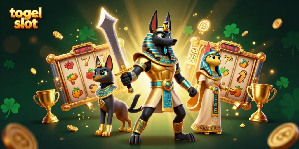 Gambarkan pengalaman bermain togel slot dengan Anubis dan Bastet dalam ilustrasi 3D yang menakjubkan