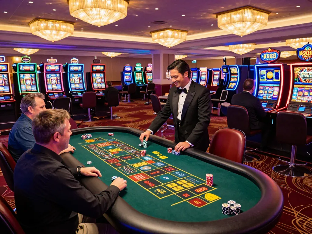 Kp88 players placing bets at a lively roulette table in a Las Vegas casino, vibrant lights and energy