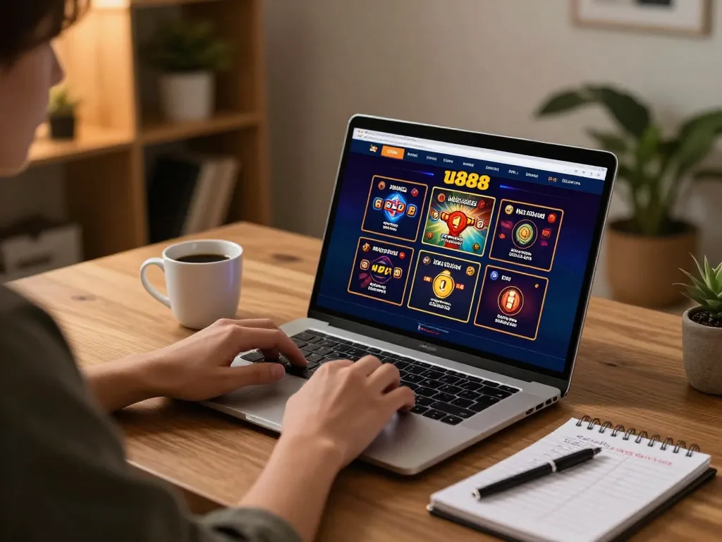 Engaging in online gaming at u888 with a vibrant casino interface on the laptop.