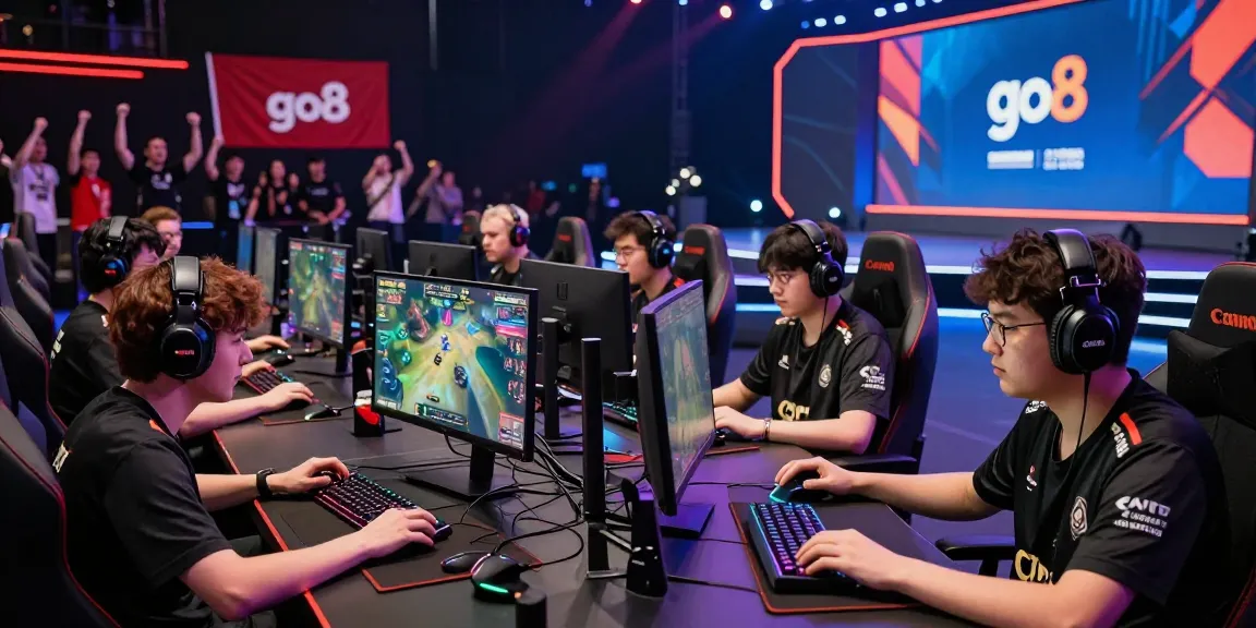 Exciting esports tournament scene featuring go8 branding and players immersed in intense gameplay.