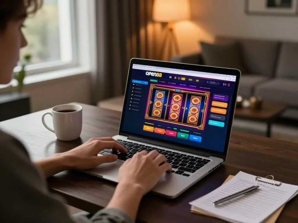 open88 online casino interface displayed on laptop, creating an immersive gaming atmosphere at home.