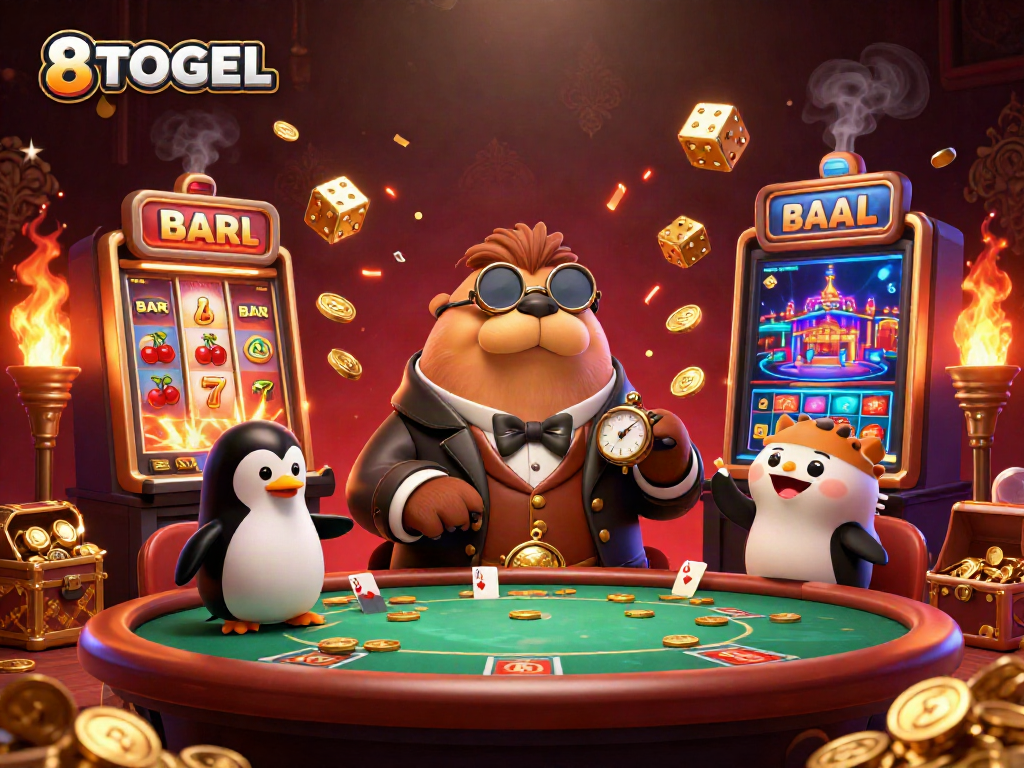 Permainan liv kasino dan slot 8TOGEL dengan karakter lucu di meja poker yang menampilkan keberuntungan